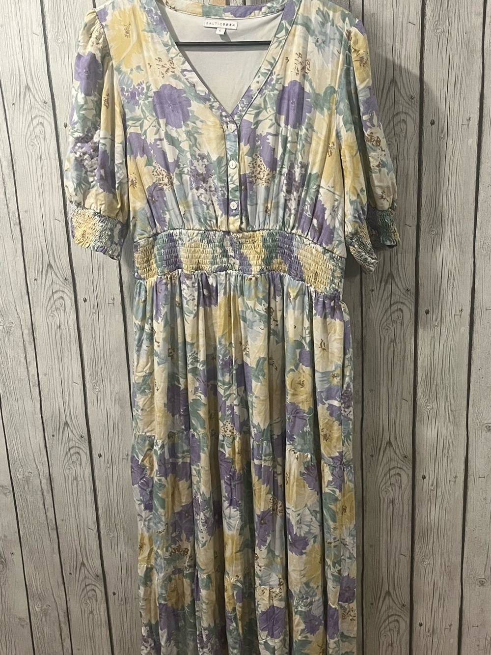 Baltic Born Floral Maxi Dress Large Pansy Print V-Neck Smocked Waist - Picture 3 of 9